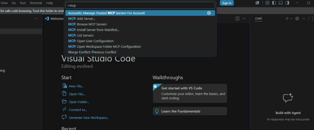 VS Code Command Palette showing MCP commands with MCP Add Server available
