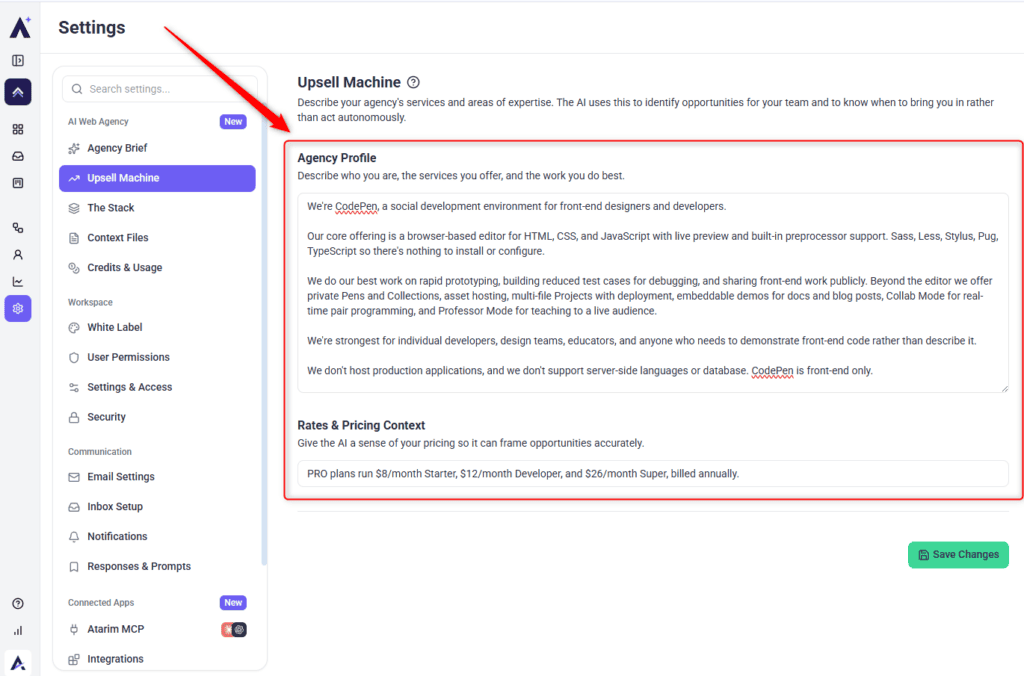 Upsell Machine fields for agency profile and pricing context