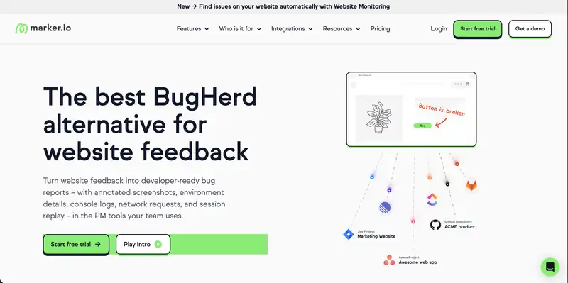 Marker.io homepage, a website feedback tool that turns feedback into developer-ready bug reports sent to Jira, Asana and GitHub