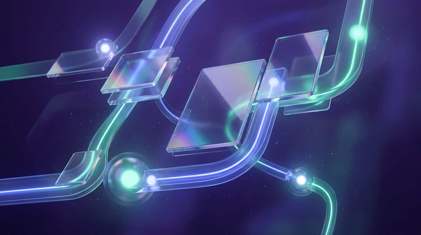 3D visual representing asynchronous AI-assisted collaboration and interconnected design workflows in modern web agencies