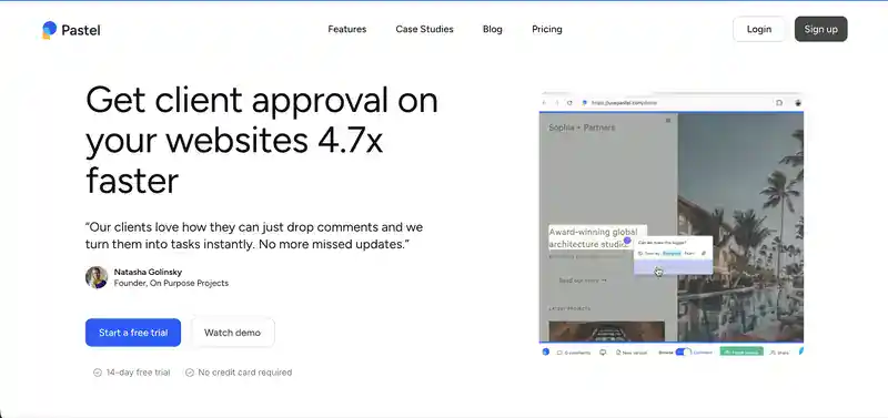 Pastel homepage: get client approval on your websites faster, with a comment pinned on a live website