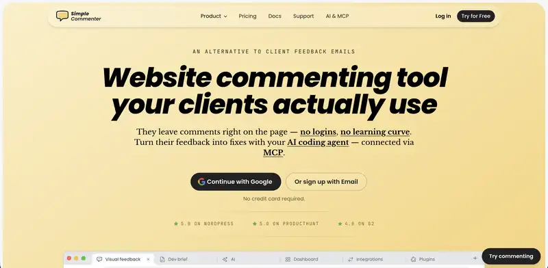 SimpleCommenter homepage, a free website feedback tool your clients actually use, with comments left right on the page