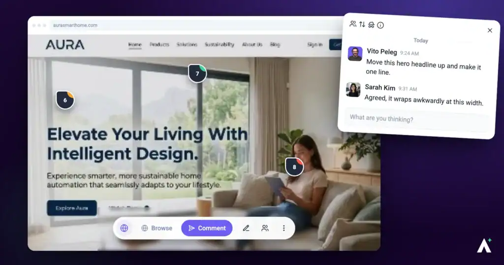 Atarim visual collaboration on a live site with numbered comment pins and the comment thread panel